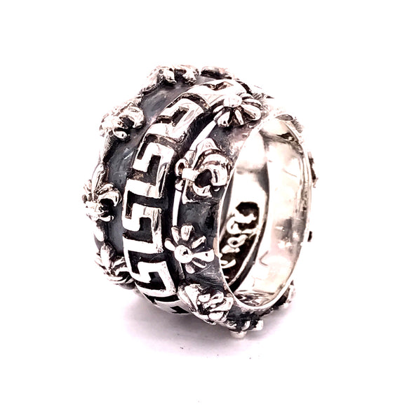 Silver Ring Spiral MEANDER with Lilies and Morningstars