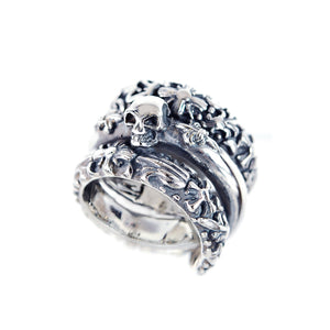 Silver Ring Spiral SKULL and LILIES with GARDEN AT NIGHT