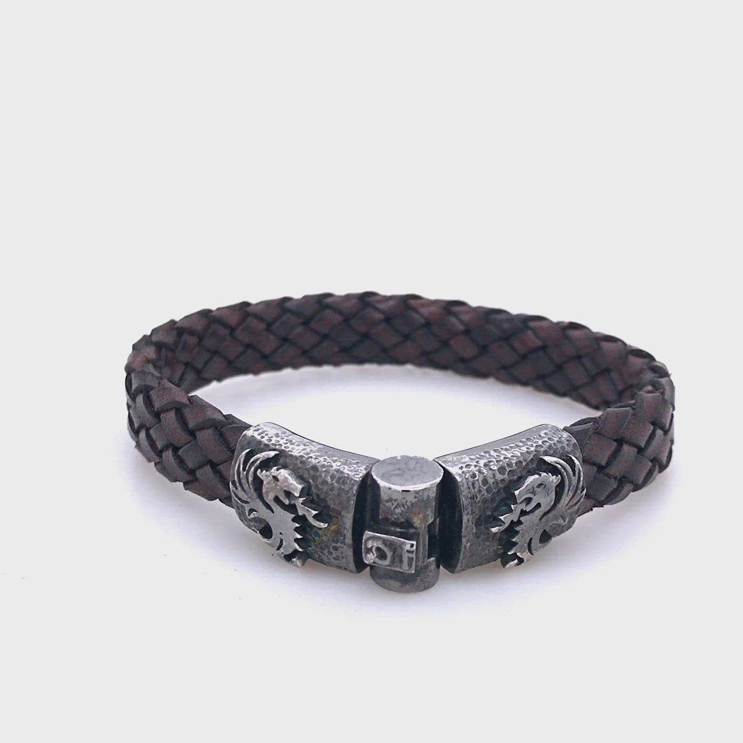 Silver Leather Bracelet DRAGON FIRE Jointlock Hammered 10