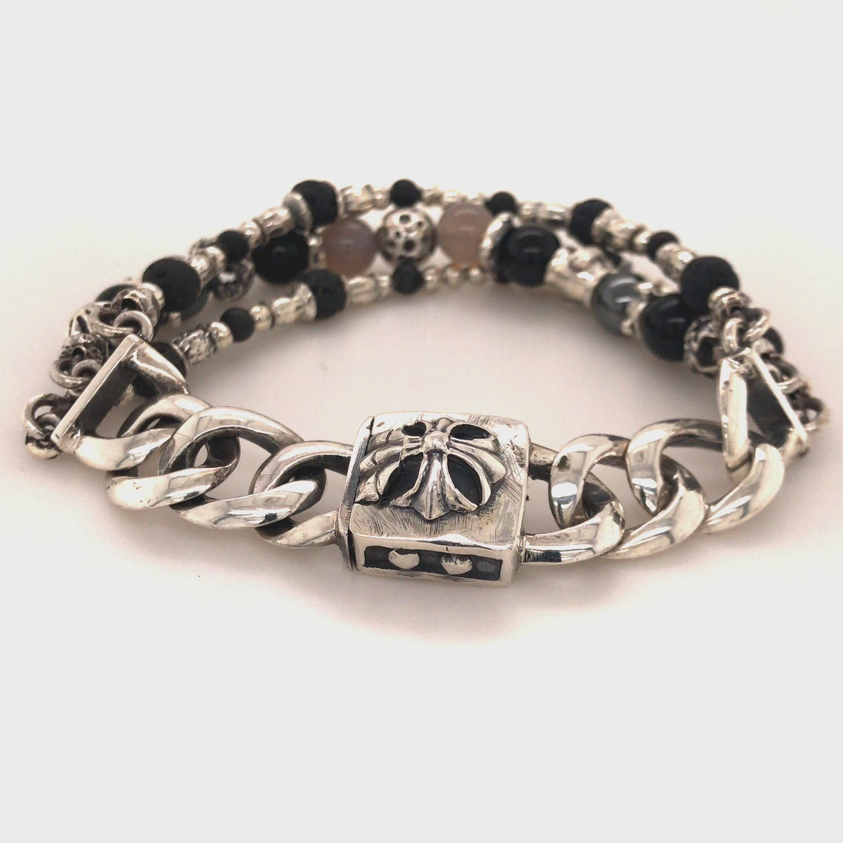 Silver Bracelet Beads SUN and MOON and STARS Curb Chain with MALTESER CROSS Lock