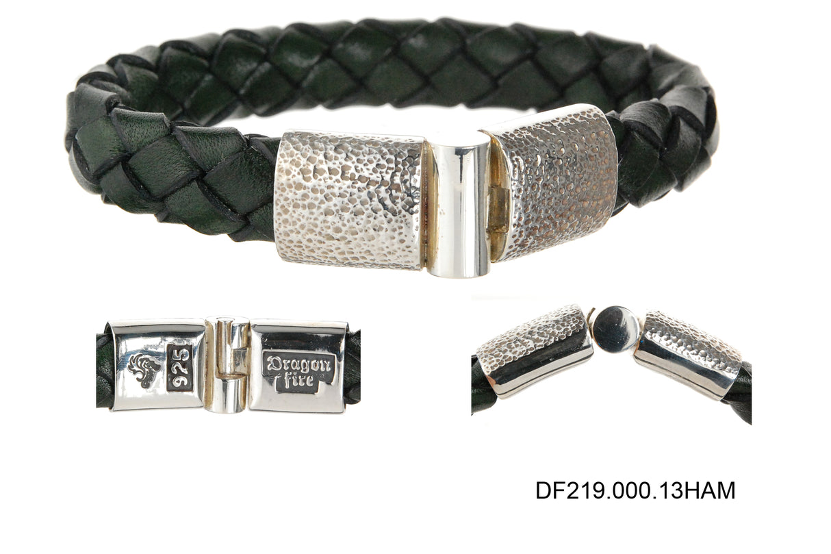 Silver Leather Bracelet PLAIN Hammered Jointlock 13