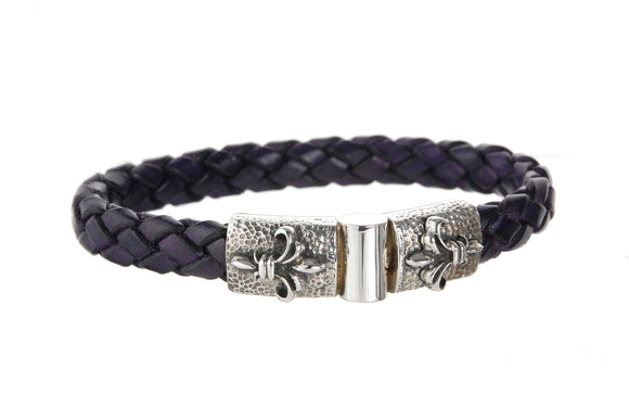 Silver Leather Bracelet Hammered with Lily Jointlock 10
