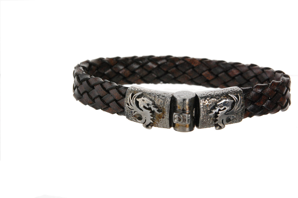Silver Leather Bracelet DRAGON FIRE Jointlock Hammered 10
