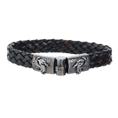 Silver Leather Bracelet DRAGON FIRE Jointlock Hammered 10