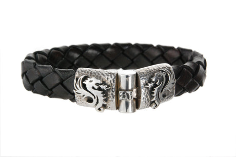 Silbernes Lederarmband DRAGON FIRE Jointlock gehämmert 13