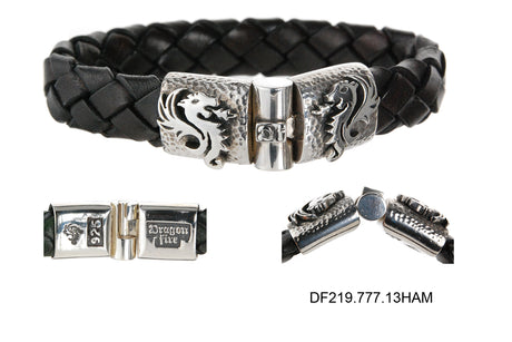 Silbernes Lederarmband DRAGON FIRE Jointlock gehämmert 13