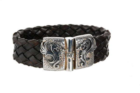 Silver Leather Bracelet DRAGON FIRE Jointlock Hammered 22