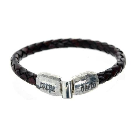 Silver Leather Bracelet CARPE DIEM Jointlock Faceted