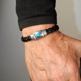 Silver-Leather Bracelet OVAL STONE on Hammered Boxlock 10