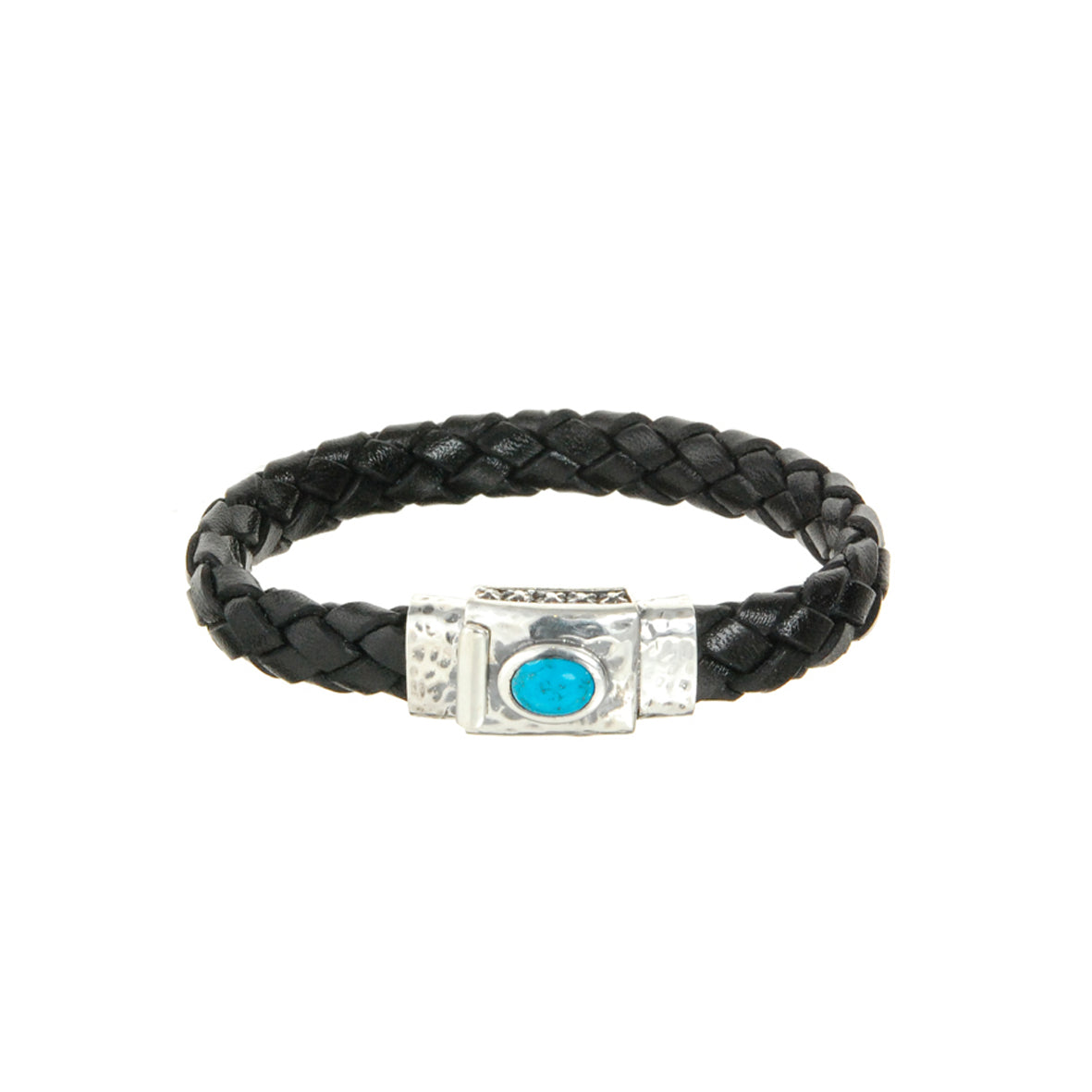 Silver-Leather Bracelet OVAL STONE on Hammered Boxlock 10