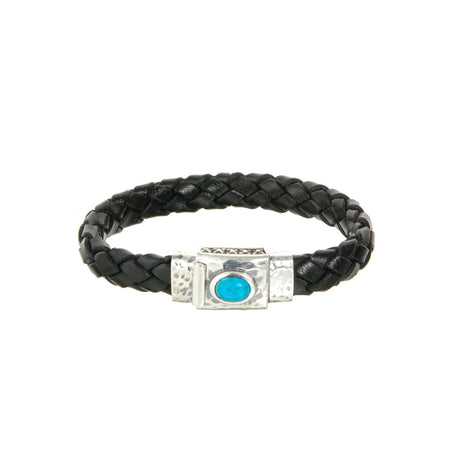 Silver-Leather Bracelet OVAL STONE on Hammered Boxlock 10