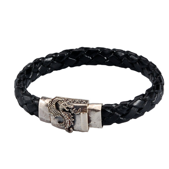 Silver Leather Bracelet DRAGON FIRE Boxlock Facetted 10