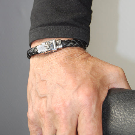 Silver Leather Bracelet DRAGON FIRE Boxlock Faceted 10