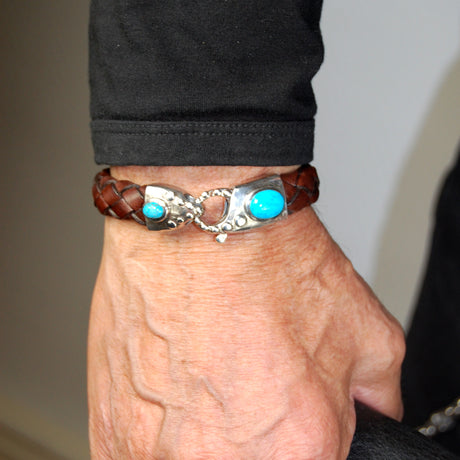 Silver-Leather Bracelet LOBSTER CLAW Hammered with Oval Stone 13