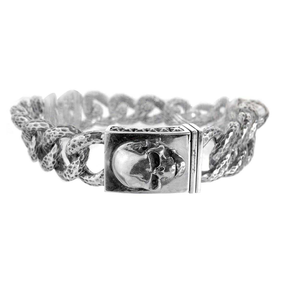 Silver Bracelet Hammered Chain SKULL Lock