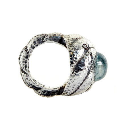 Silver Ring Hammered SPIRAL Band S and Aquamarine