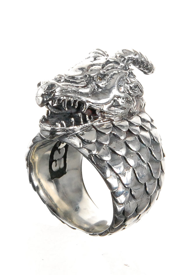 Silberring DRAGON SCALES Band und DRAGON HEAD mit Diamantaugen