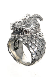 Silver Ring DRAGON SCALES Band and DRAGON HEAD with Diamond Eyes