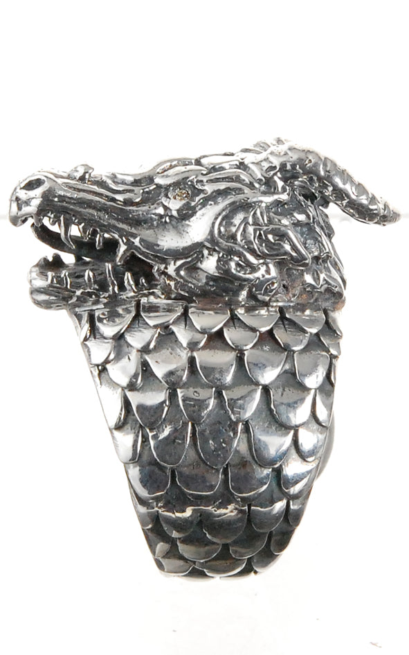 Silver Ring DRAGON SCALES Band and DRAGON HEAD with Diamond Eyes