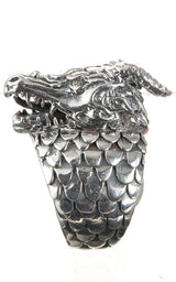 Silver Ring DRAGON SCALES Band and DRAGON HEAD with Diamond Eyes