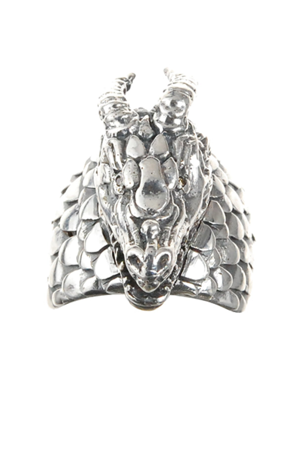 Silver Ring DRAGON SCALES Band and DRAGON HEAD with Diamond Eyes