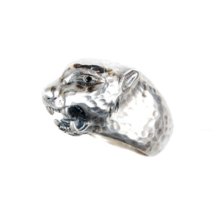 Silver Ring LEOPARD Head L and Band Hammered