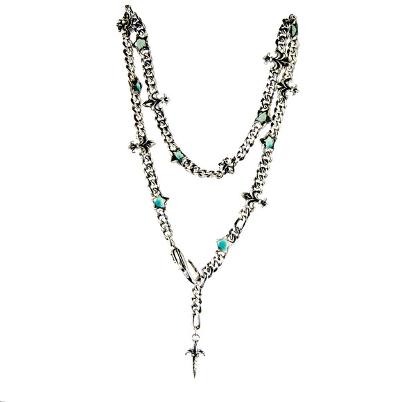 Silver CURB Neckchain UNIQUE with LILIES and STARS