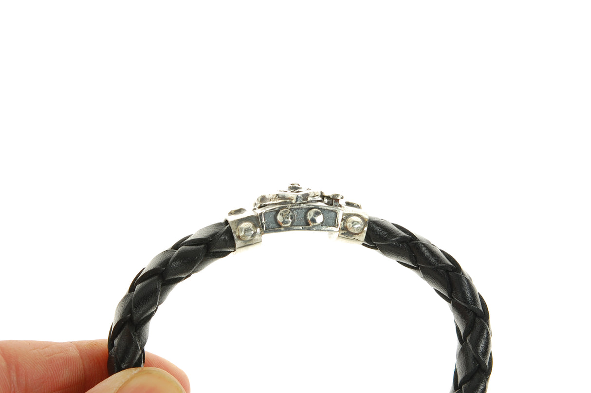 Silver-Leather Bracelet SHIELD with METEORITE Lock Faceted for 13mm leather