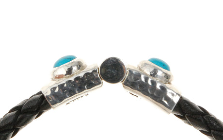 Silver Leather Bracelet Hammered Jointlock Round Turquoise 10