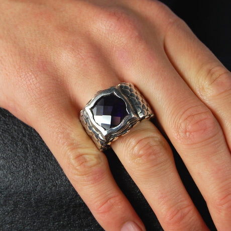Silver Ring DRAGON SCALES Band with BAROQUE Holder
