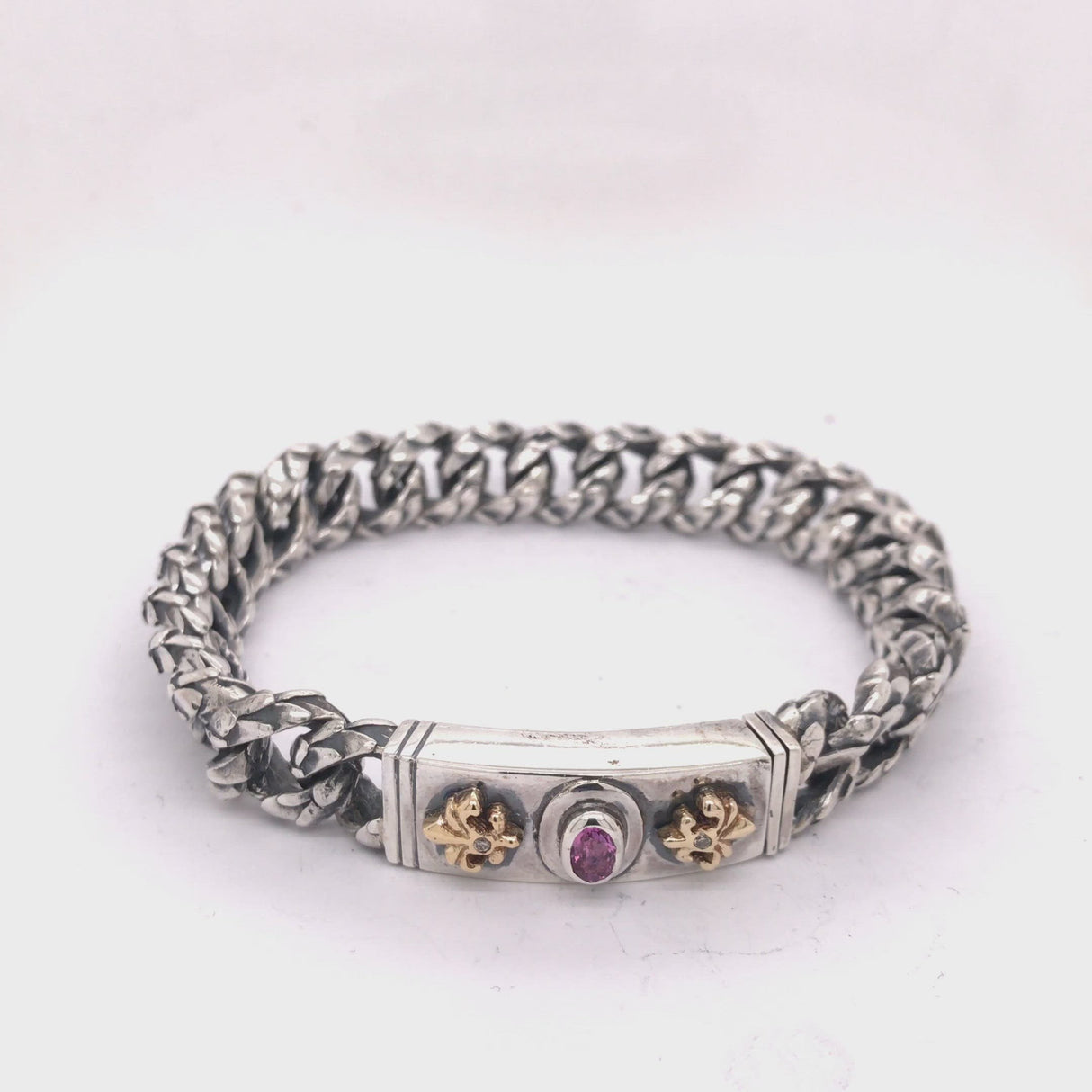 Silver Bracelet Oval Moonstone with LILIES and DRAGON SCALES Chain