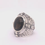 Silver Ring MID AGE Hammered Facetted Oval Framed Stone
