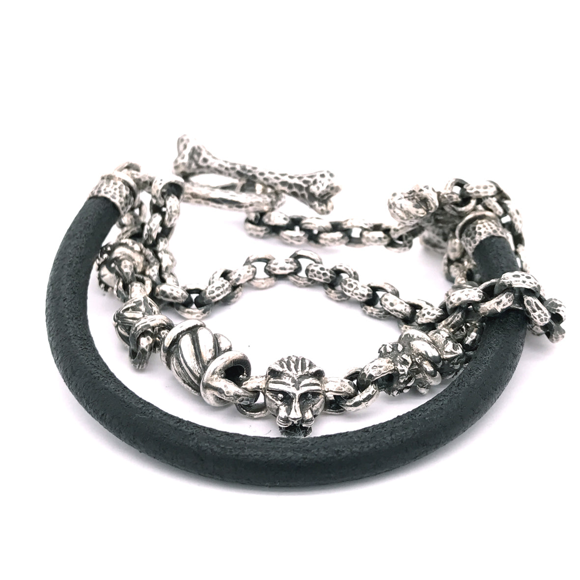 Silberarmband LÖWENKOPF mit Lederband und 2 Ketten