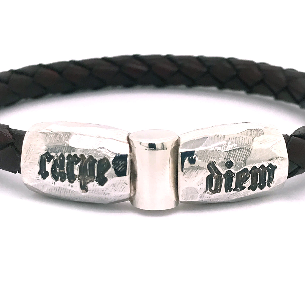 Silver Leather Bracelet CARPE DIEM Jointlock Faceted