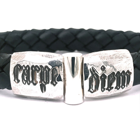 Silver Leather Bracelet CARPE DIEM Jointlock Faceted 13