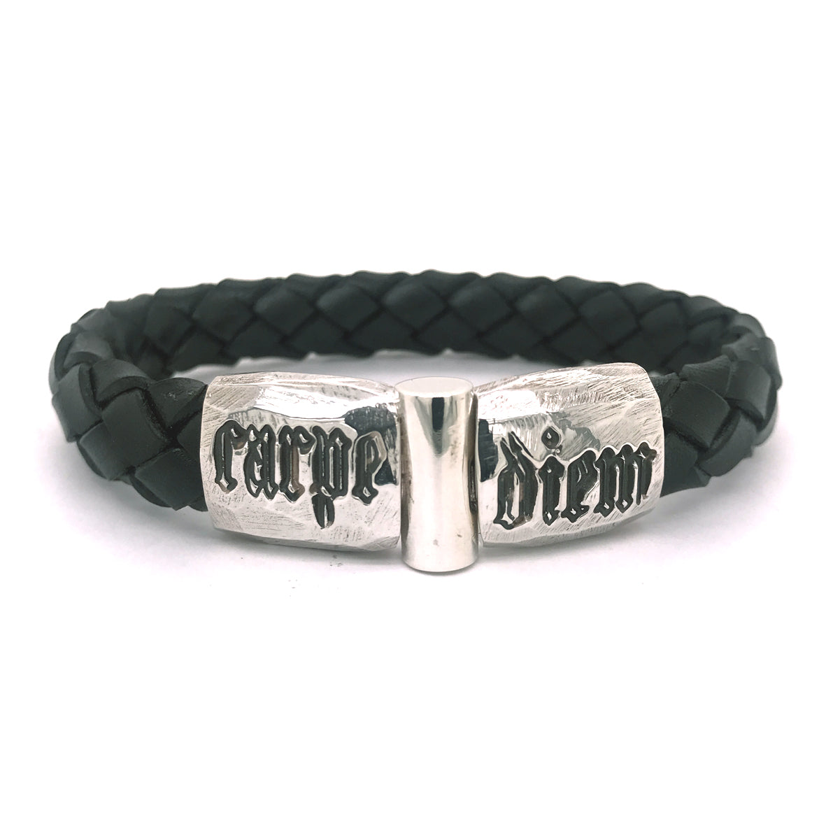 Silver Leather Bracelet CARPE DIEM Jointlock Faceted 13