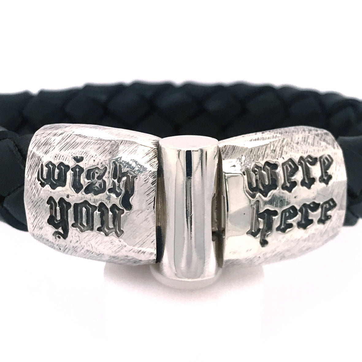 Silver Leather Bracelet WISH YOU WERE HERE Faceted Jointlock 13