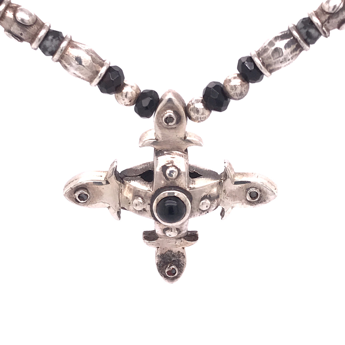 Silver Necklace Tubes with SMITH CROSS Body and Beads and Blades Cross Balls